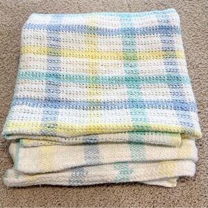 Vtg Beacon Stripes Plaid Waffle Weave Woven Cotton Baby Blanket Gender Neutral